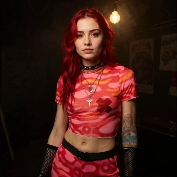 Pink Lava Feral Tiger Mesh Crop Top by Ivy Berlin – Edgy Festival Statement S - Picture 1 of 3